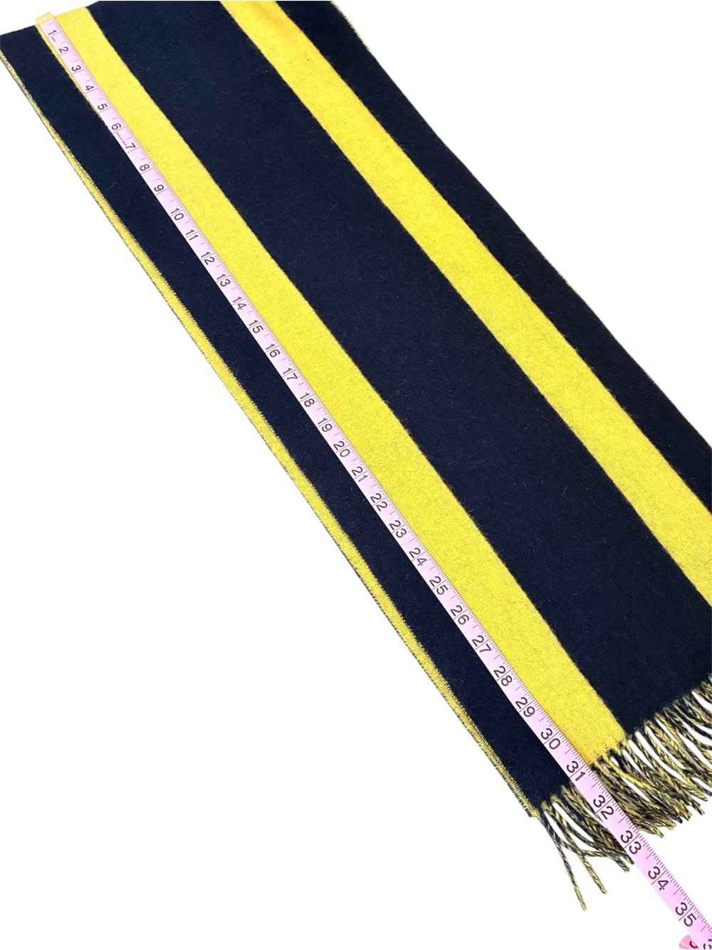 Nautica 100% Lambswool Scarf Navy Blue Yellow Striped Fringed 66” X 11.6 Inches - Picture 3 of 5
